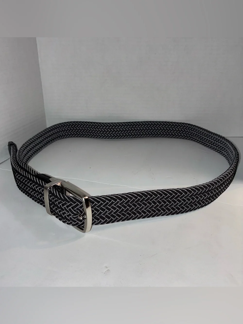 Tommy Bahama Black and White Braided Elastic Belt with Silver Buckle
